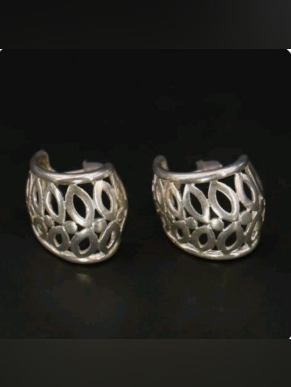925 Sterling Silver Pebbled Leaf Open Work J-HoopPost Earrings - 7g